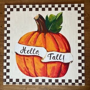 Hello Fall Pumpkin Bamboo Rug Cream and Brown Check Pattern